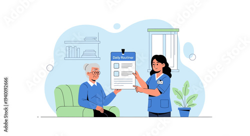 Nurse showing daily routine checklist to elderly woman at home, healthcare concept