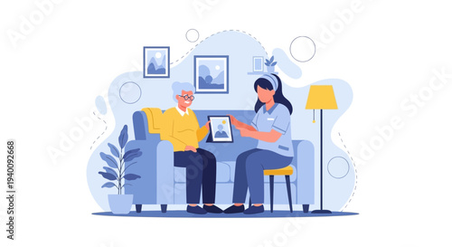 Nurse showing tablet to elderly patient at home, care and technology concept