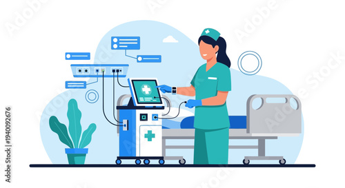 Nurse using advanced medical technology in a modern hospital room with patient bed