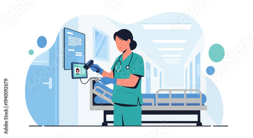 Nurse Using Digital Tablet and Scanner in Modern Hospital Corridor with Patient Bed