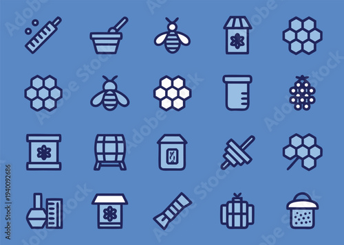A collection of twenty monochrome line icons focusing on honey harvesting tools like dippers bowls barrels and honeycombs on a blue background.