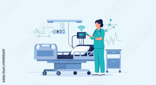 Nurse using smart technology in hospital room with advanced medical equipment and bed