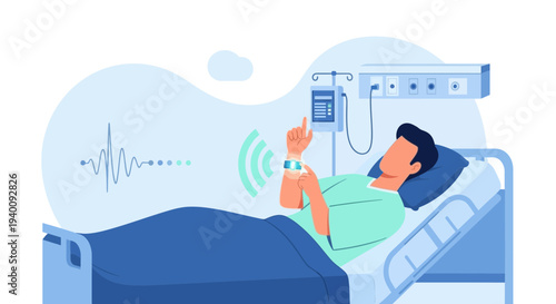 Patient using smart wearable device in hospital bed for health monitoring