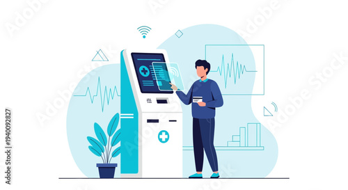 Patient using self-service health kiosk for medical check-up and registration