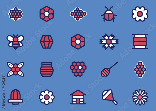 A diverse set of twenty flat line icons showcasing stylized bees various flower designs and hexagonal honeycombs with navy blue outlines and red accents on a blue backdrop.