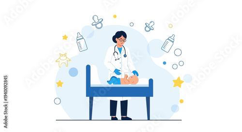 Pediatrician examining a baby on a medical bed, surrounded by baby items and stars.