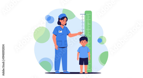 Pediatrician measuring child's height with a measuring tape, healthcare concept