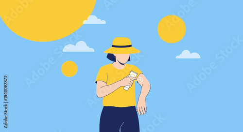 Person applying sunscreen on arm under bright sun and clouds, summer protection