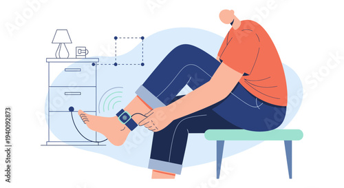 Person attaching electronic ankle monitor, concept of monitoring, surveillance, and rehabilitation