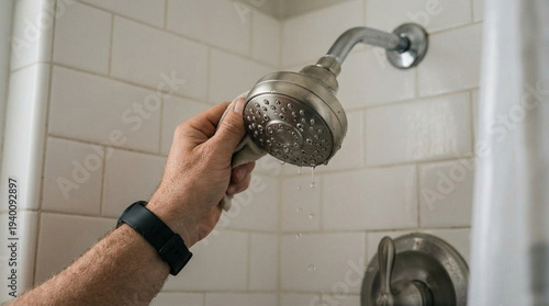 Water scarcity solution concept hand adjusts showerhead slow drip in home bathroom conserving water with mindfulness and calm mood