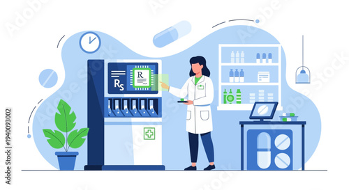 Pharmacist Using Automated Dispensing Machine in Modern Pharmacy