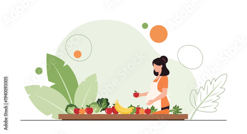 Pregnant Woman Preparing Healthy Food with Fresh Fruits and Vegetables