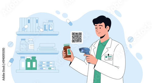Pharmacist Scanning QR Code on Medicine Bottle with Barcode Scanner in Pharmacy