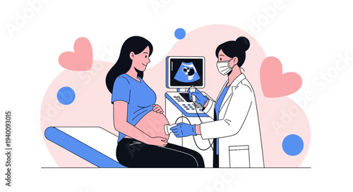 Pregnant woman undergoing ultrasound scan by doctor, baby sonogram, medical checkup
