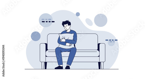 Sad man sitting alone on sofa, hugging pillow, feeling lonely and depressed, abstract background