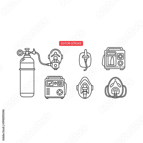 A set of vector graphic icons depicting various oxygen and medical equipment
