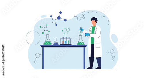 Scientist conducting experiment in laboratory with chemical flasks and molecules