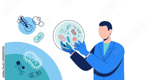 Scientist examines petri dish with bacteria and microbes, laboratory research concept