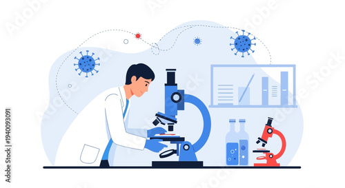 Scientist examines virus sample under microscope in laboratory, research concept