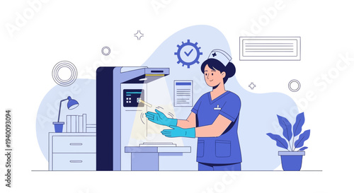 Radiologist operating mammography machine for breast cancer screening, medical technology