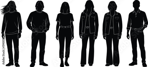 Set of casual people silhouettes and diverse young adults in modern everyday outfits standing in various poses for lifestyle and social community design projects.