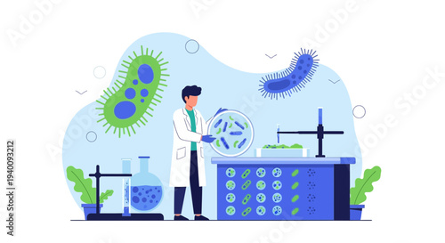 Scientist examining petri dishes with bacteria and microorganisms in laboratory