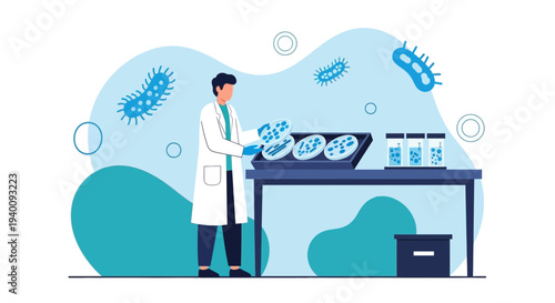 Scientist examining petri dishes with bacteria in a laboratory, science research concept