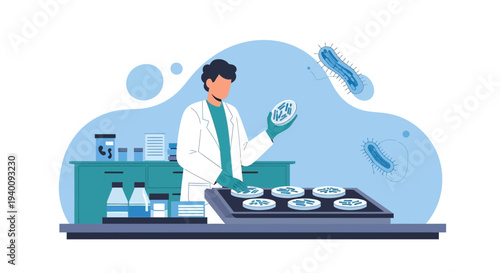 Scientist examining petri dishes with bacteria in a laboratory setting