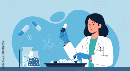 Scientist examining pills and capsules in a laboratory setting, medical research concept