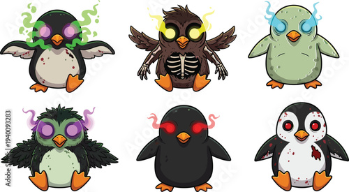 Set of creepy zombie penguin and cursed bird vector illustrations featuring undead characters with glowing eyes, skeletal details, and spooky energy for Halloween horror designs.