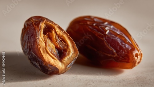 Two Dates on Beige Surface Closeup.