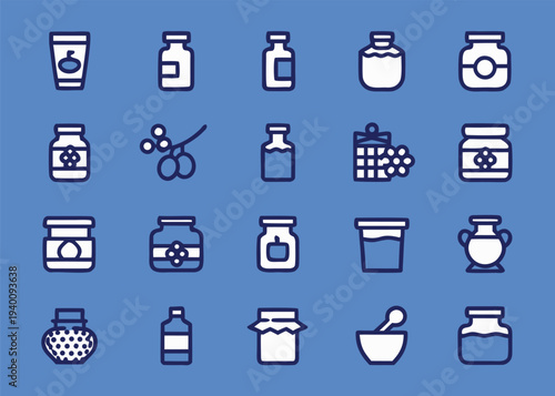 A group of twenty glass jar and container line icons including honey pots and bottles with dark blue outlines and white fills on a blue background.