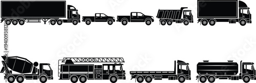 Set of heavy vehicle silhouettes including semi truck fire engine ambulance pickup truck concrete mixer dump truck flatbed and fuel tanker for industrial logistics design