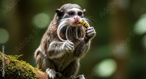 Emperor Tamarin Feeding on Insect in Amazon Rainforest, Close-Up Portrait of Exotic Primate.