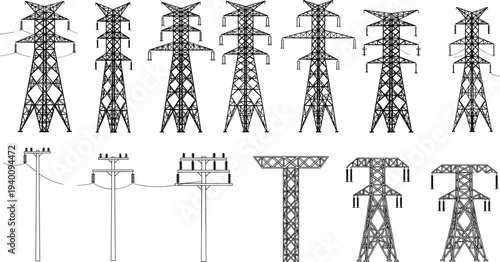 Set of high voltage electricity utility poles and power line silhouettes, electrical distribution network infrastructure with transmission towers isolated on white background for design.