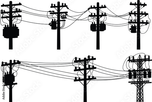 Set of high voltage electricity utility poles and power lines silhouettes vector illustration, electrical distribution network infrastructure isolated on white background for design.