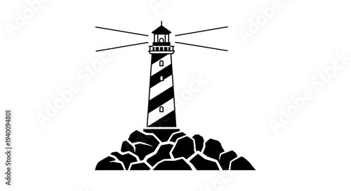 Lighthouse standing tall on rocky shore, emitting light beams to guide ships at sea