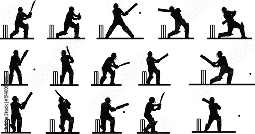 Set of professional cricket player silhouettes featuring batsmen in various batting stances and action poses for sports competition and athletic team design projects.