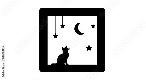 Silhouette of a cat looking at the moon and stars through a window, conveying a sense of wonder and nighttime tranquility