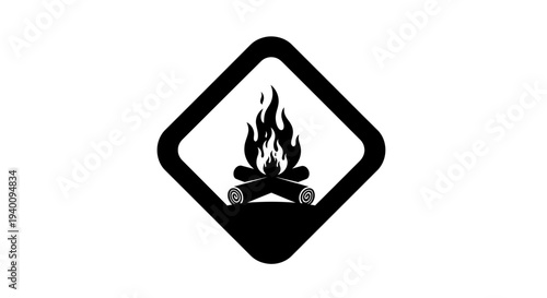 Modern abstract campfire icon in a sleek diamond frame, symbolizing warmth, outdoor adventures, and cozy gatherings