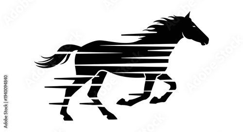 Speeding Horse Silhouette with Dynamic Motion Lines Representing Power and Velocity