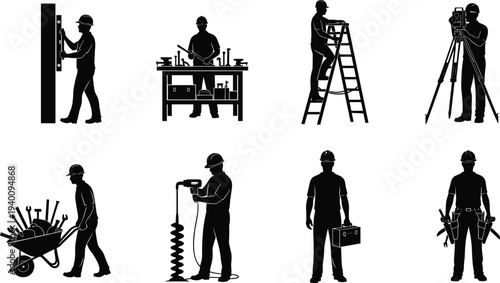 Set of professional construction worker silhouettes featuring builders using tools equipment ladders and wheelbarrows for industrial engineering development and manual labor design projects.