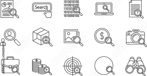 Set of black-and-white magnifying glass icons representing search, analysis, investigation, and data exploration for UI design, web applications, and digital interface development.