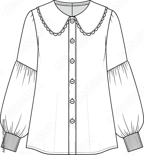 Women's Peter Pan Collar Blouse Technical Flat Sketch, Scalloped Edge Detail, Puff Lantern Sleeve Button Down Shirt, CAD Drawing Flat Vector Illustration