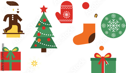 Festive Christmas holiday illustrations featuring ice skater, decorated tree, gifts, ornaments, mitten, stocking, and snowflakes on white background 