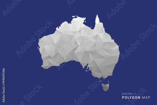 Australia Map - Polygon White and Black map Style Vector Illustration, Low Poly Geometric Design, Isolated on blue Background.
