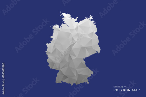 Germany Map - Polygon White and Black map Style Vector Illustration, Low Poly Geometric Design, Isolated on blue Background.
