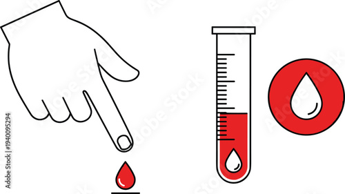 Blood Test Finger Prick Medical Research Icon Set for Diabetes Monitoring Healthcare Diagnostics Laboratory and Clinical Wellness Screening