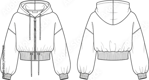 Cropped zip up hoodie technical CAD drawing flat vector illustration with dropped shoulders ribbed waistband drawstring hood front and back view