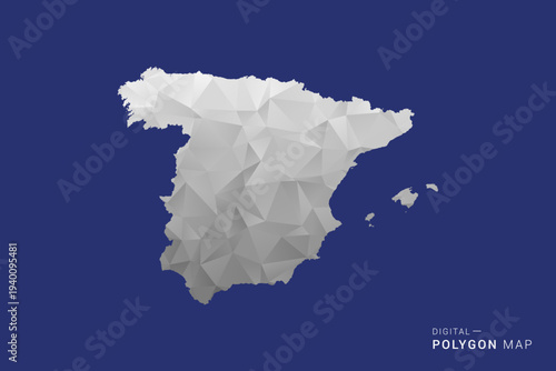 Spain Map - Polygon White and Black map Style Vector Illustration, Low Poly Geometric Design, Isolated on blue Background.